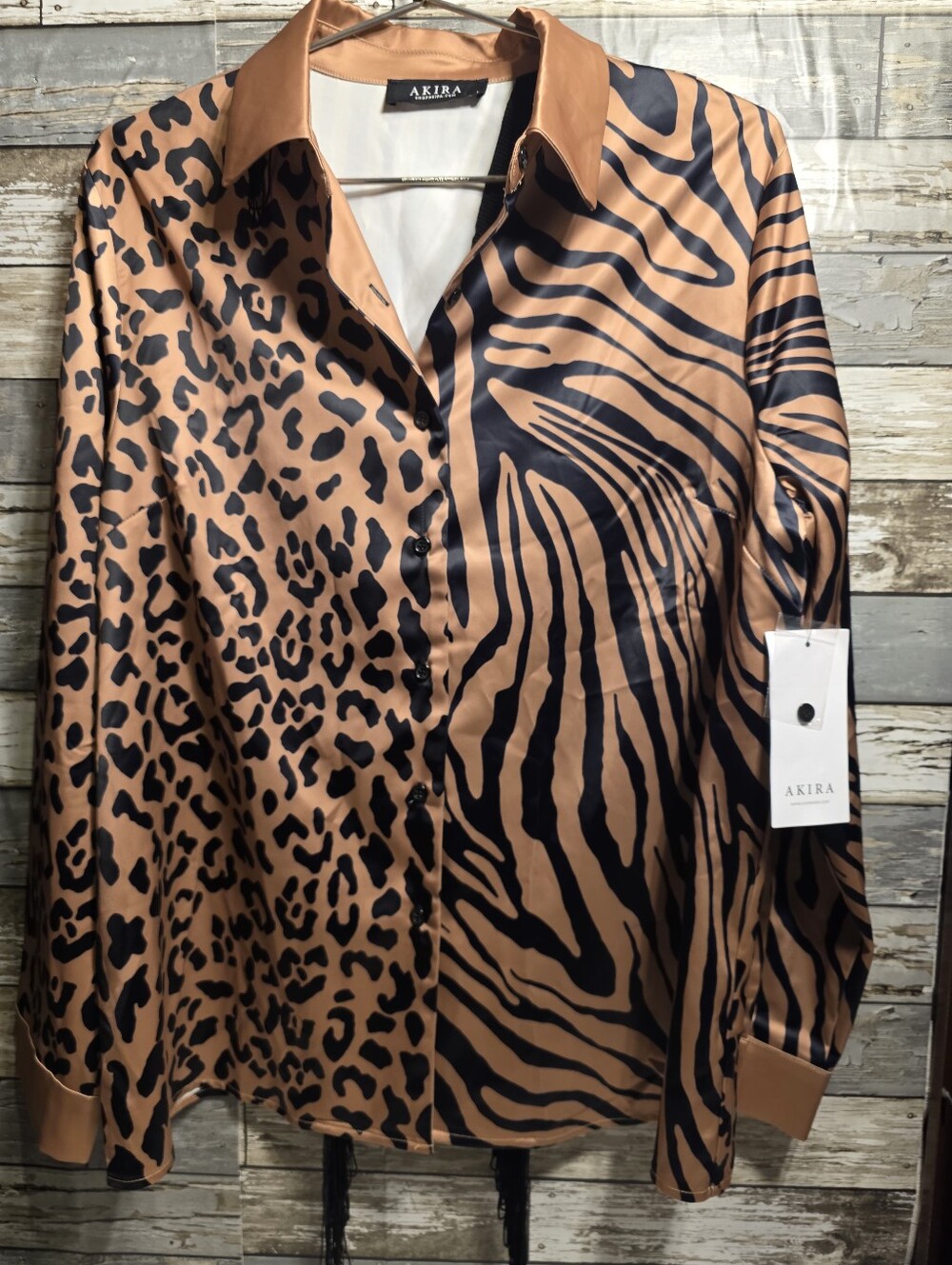 AKIRA Two-Tone Animal Print Satin Blouse - Copper & Black